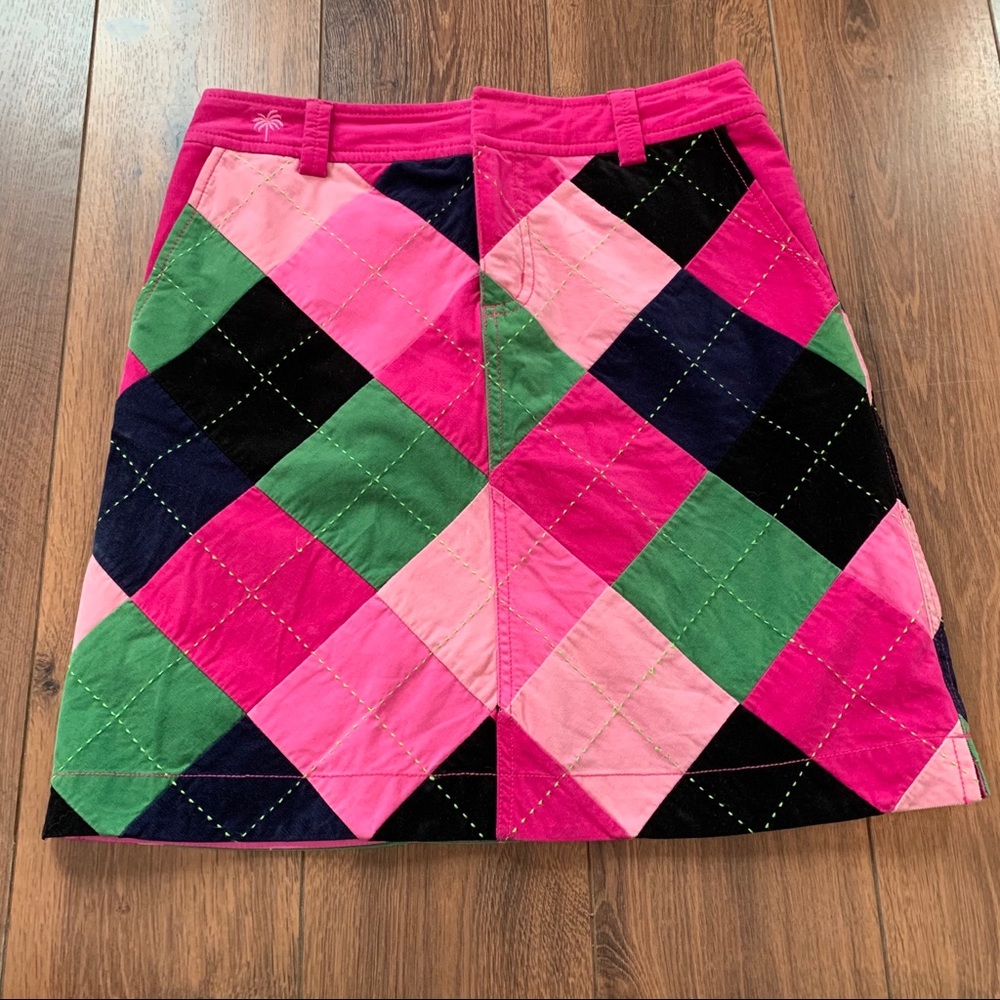 Patchwork Diamond A-Line Skirt - Pink Green Navy